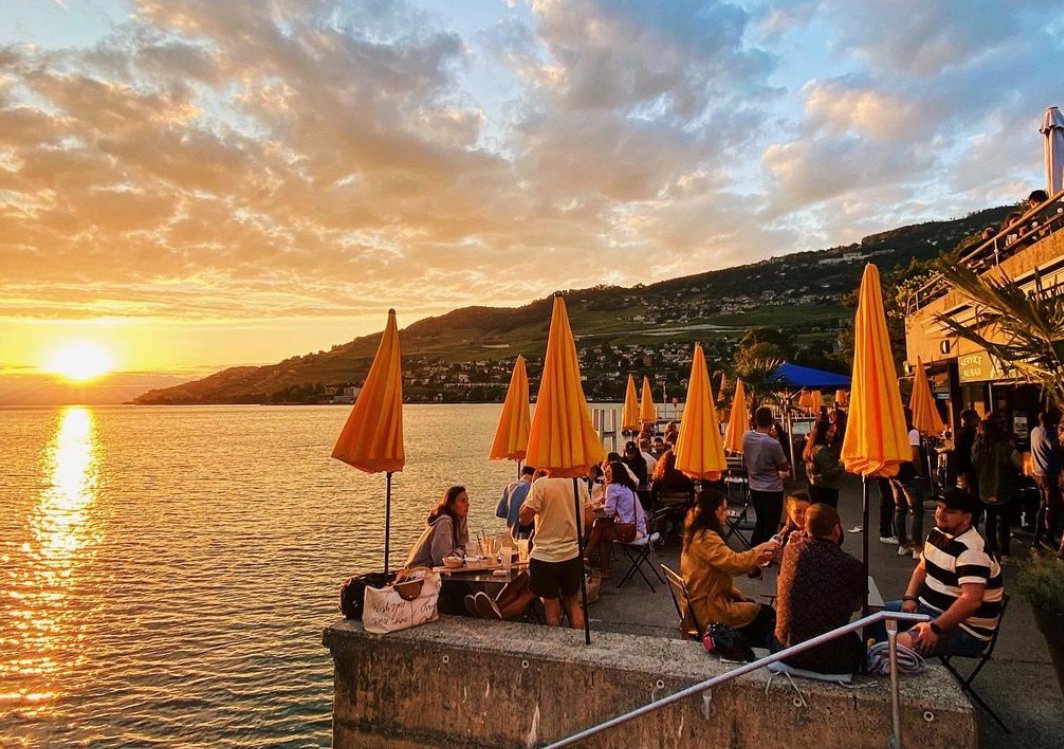 lakeside bar and sunset on lac leman summertime