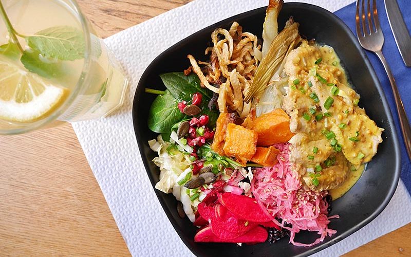 aerial view of a salad bowl with a drink