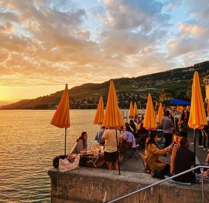 lakeside bar and sunset on lac leman summertime