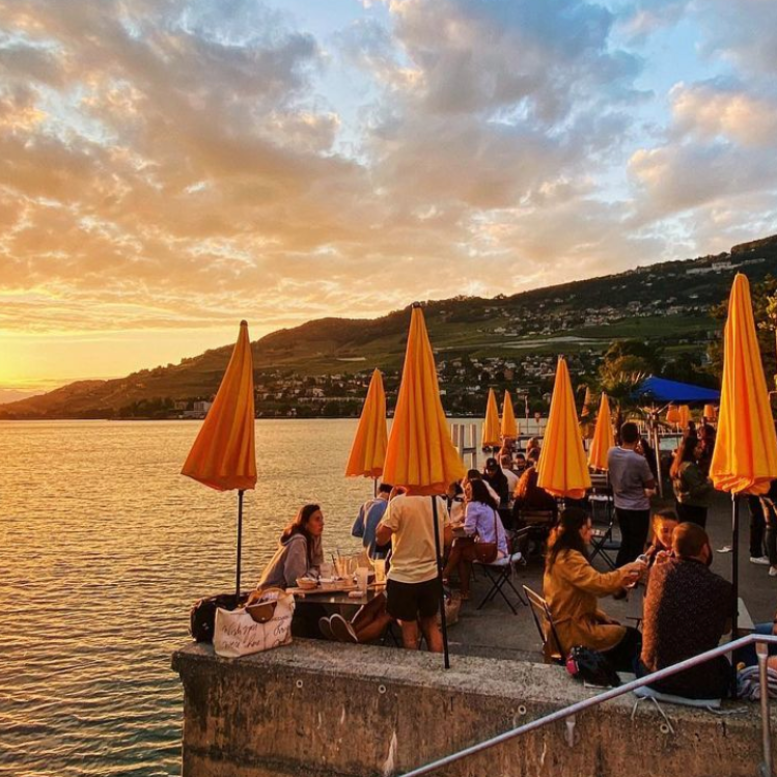 lakeside bar and sunset on lac leman summertime