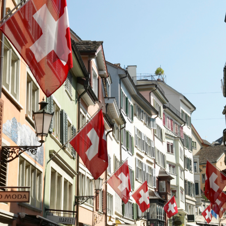 swiss flags on a street